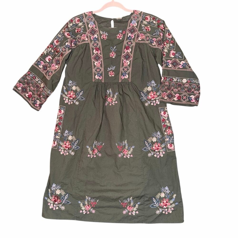 Seen worn kept olive green heavy embroidered dress 100% cotton size 6 boho India